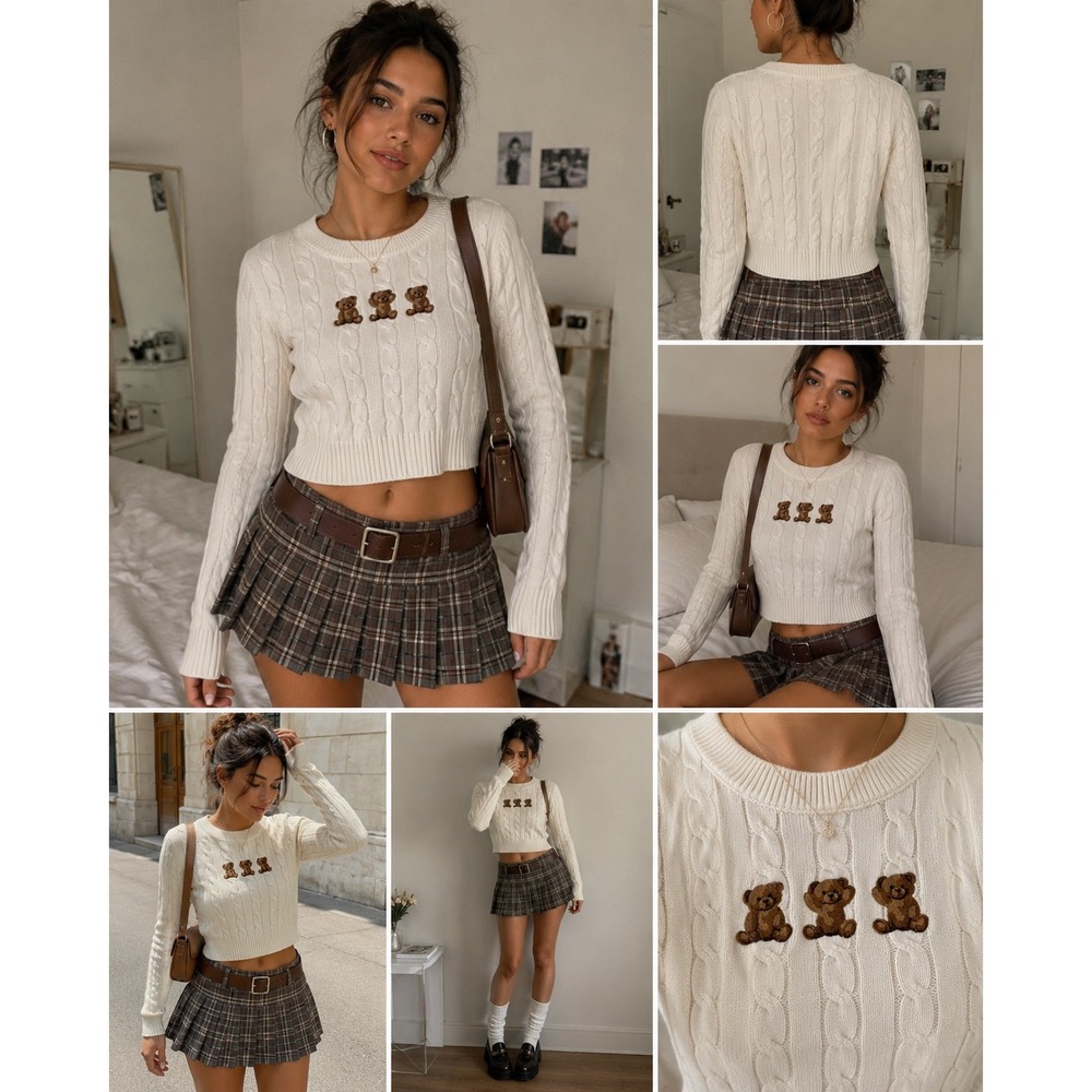 Orange Kiss Essentials Teddy Bear Cable Knit Cropped Sweater Cream‎ White Medium
